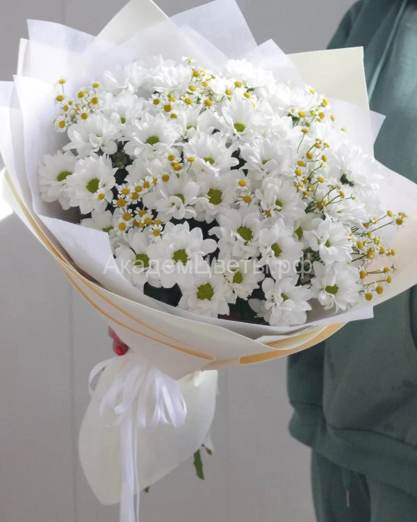 Хризантемы и ромашки в белой упаковке 